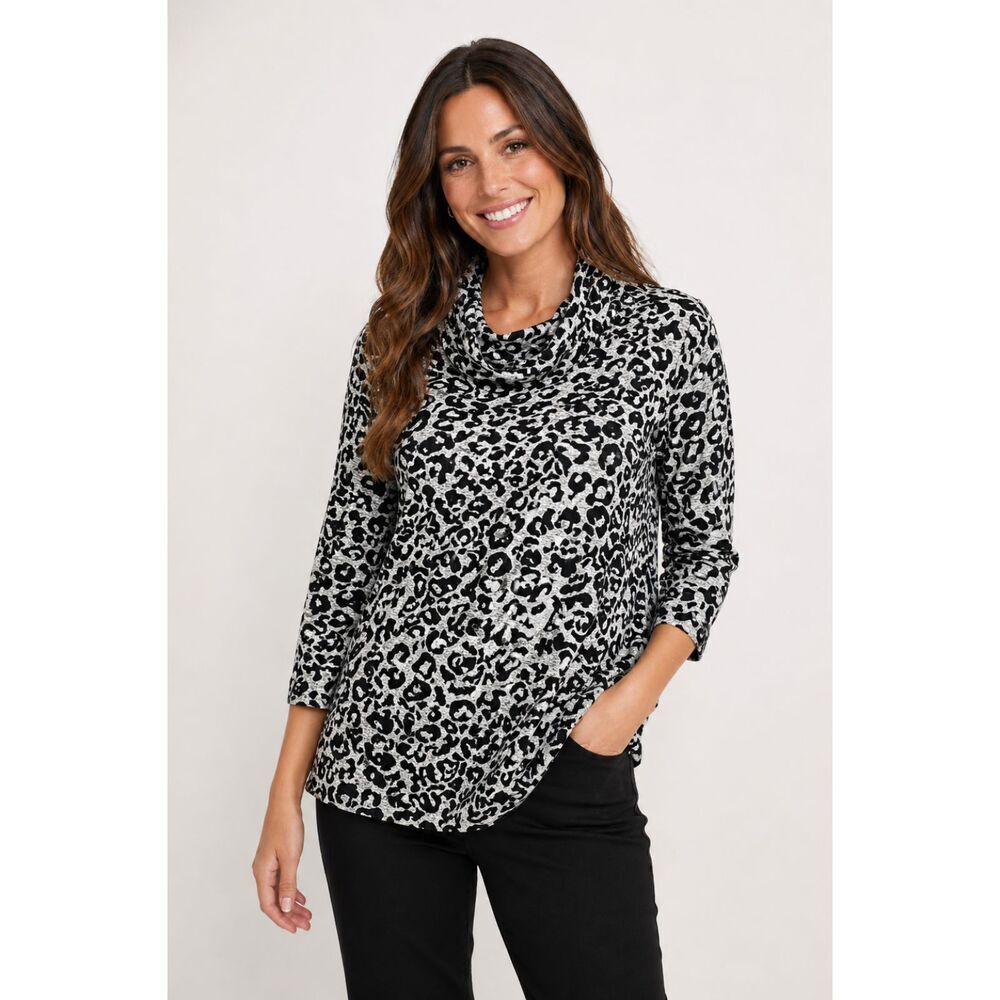 Rebecca Malone Sweater Womens Sz L Black Leopard Cowl Neck Boho Casual 1179H